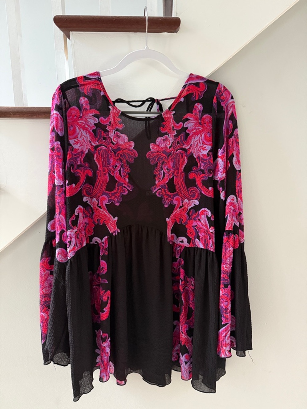 Free People Black Long Sleeve Tunic with Pink Floral Print